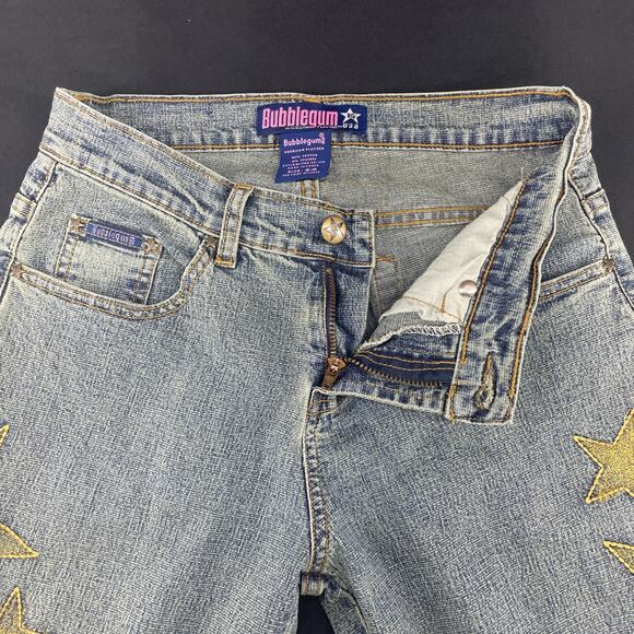 Vtg Y2K Bubblegum Jeans Womens 3/4 Flare Gold Glitter Embroidered Stars Low Rise - Picture 6 of 11